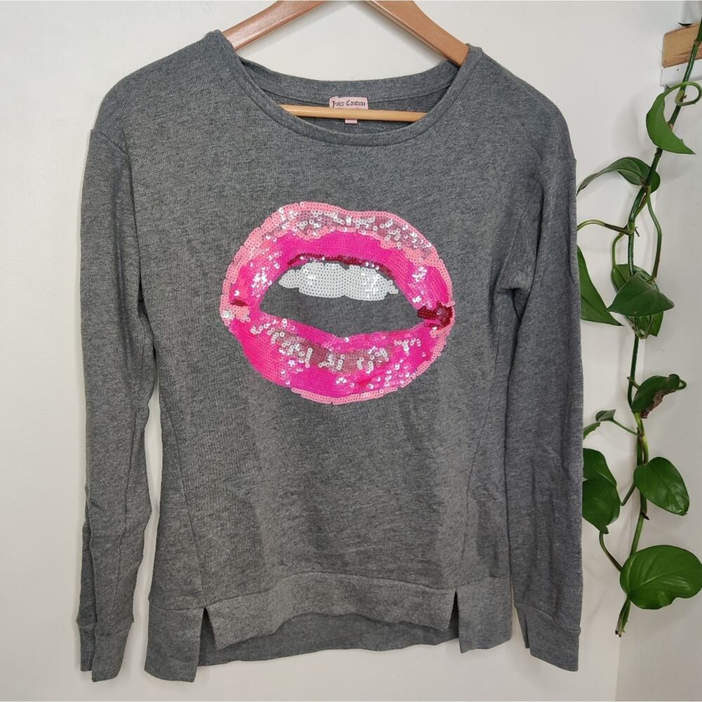 Juicy Couture Sequins Lips Graphic Gray Sweatshirt Size Small